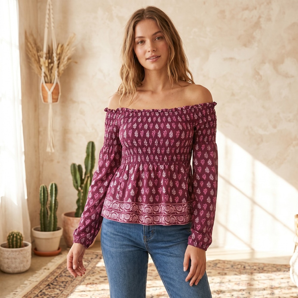 Aeropostale Smocked Off Shoulder Knit Top Purple Mix‎ Print Boho Cottage Fairy L